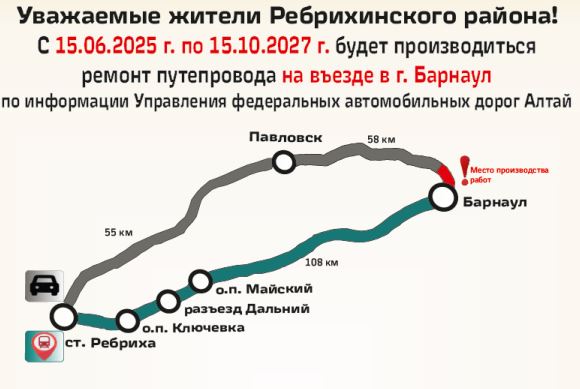 Уважаемые жители Ребрихинского района! С 15.06.2025 г. по 15.10.2027 г. будет производиться ремонт путепровода на въезде в г. Барнаул по информации Управления федеральных автомобильных дорог Алтай.
